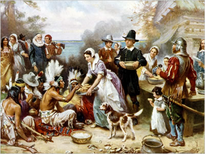 A History of Thanksgiving Day in the United States. (Painting by Jean Louis Gerome Ferris, Wikimedia Commons)